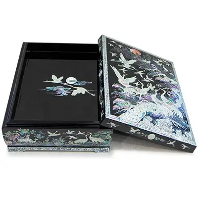 Premium Mother-of-Pearl Lacquerware Ten Symbols of Longevity Cranes and Scholars Document Box