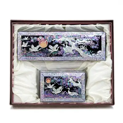 Ten Symbols of Longevity Mother-of-Pearl Business Card and Pen Holder Set with Cloud Pattern Border