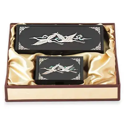 Inlay Ceramic Auto Business Card and Pen Holder Set (Twin Cranes, Cloud Cranes, Floral, Scrolling Vine Patterns)