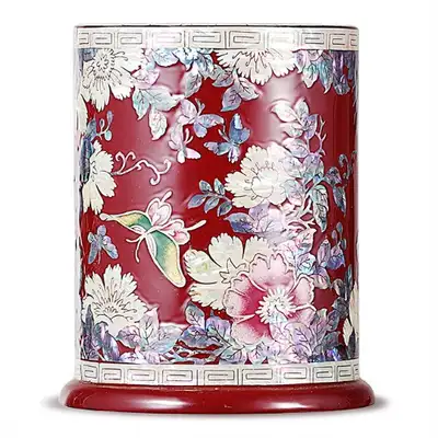 Peony and Butterfly Mother-of-Pearl Pencil Holder (Round, Red)