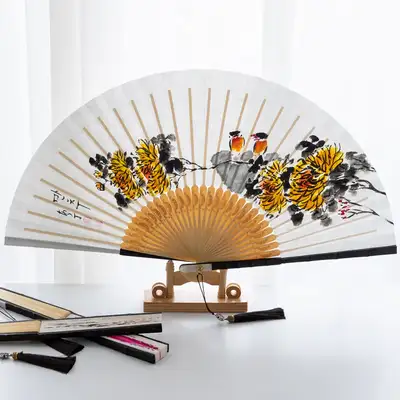 Handwritten Traditional Fan with Black Bamboo Carving - Chrysanthemum (Namjung Park Sang-ok)