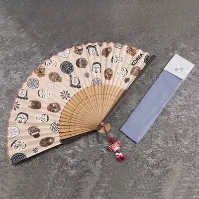 Premium Silk Hahoe Mask Traditional Fan B (Beige) with Tassel and Fan Case