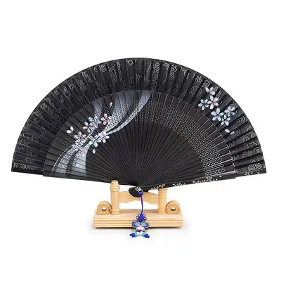 Premium Silk Flower Traditional Fan (Black) with Knot Ornament & Fan Case