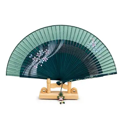 Premium Silk Flower Traditional Fan (Green) with Knot Decoration and Fan Case