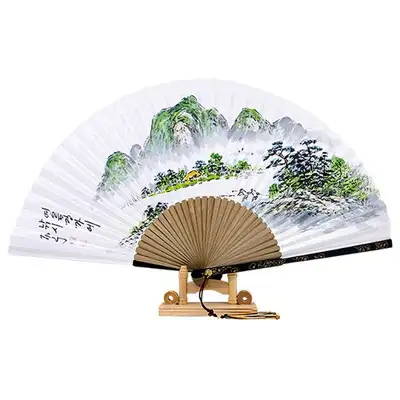 Handwritten Black Bamboo Fan with Summer Landscape Painting - Traditional Fan (Namjeong Park Sang-ok)