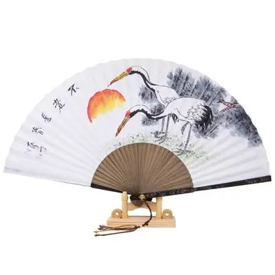 Handwritten Black Bamboo Traditional Fan with Sun and Crane Design (Namjeong Park Sang-ok)