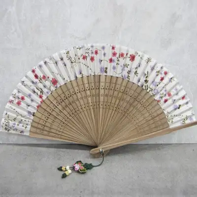 Premium Silk Mini Folding Fan (Summer Flowers, Plum Blossoms) with Tassel and Fan Case