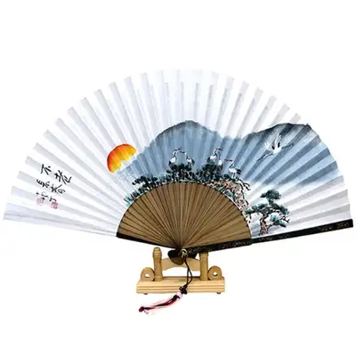 Handwritten Bamboo and Crane Traditional Fan by Park Sang-ok Nam-jung