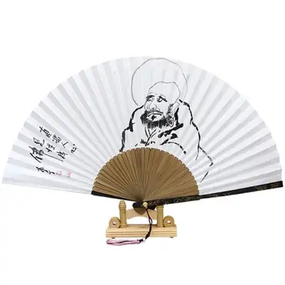 Hand-painted Daruma Traditional Black Bamboo Fan by Nam Jeong Park Sang-ok