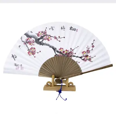 Hanji Black Bamboo Traditional Fan - Plum Blossom Large Size