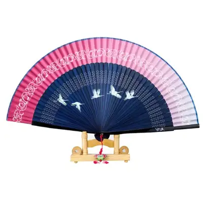 Premium Silk Crane Mother-of-Pearl Traditional Korean Fan (Pink Navy) with Knot Decoration and Fan Case