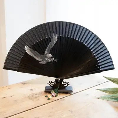 Premium Silk Eagle Traditional Fan (Black) with Knot and Fan Case Included