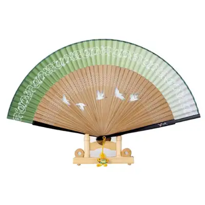 Premium Silk Crane Mother-of-Pearl Inlaid Traditional Fan (Mint Beige) with Tassel + Fan Case Included