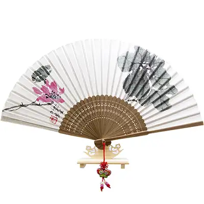 Premium Ramie Fan - Good Words Hand-drawn Design (Lotus) with Tassel + Fan Case