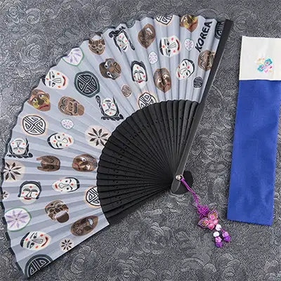 Premium Silk Hahoe Mask Traditional Fan B (Gray) with Tassel + Fan Case