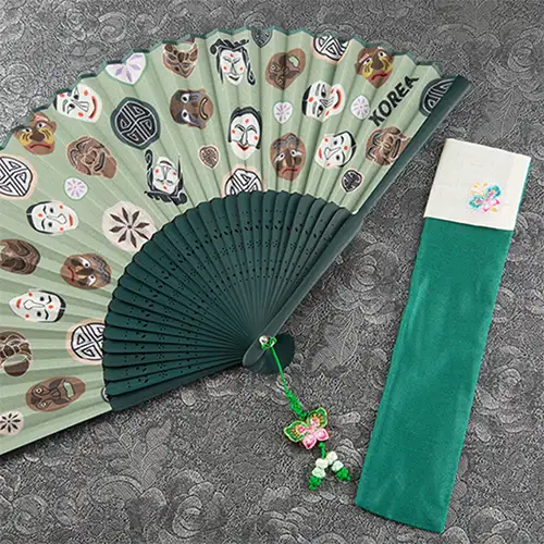 高级丝绸河回面具传统扇 B (青绿色) 含穗饰+扇套 — 1