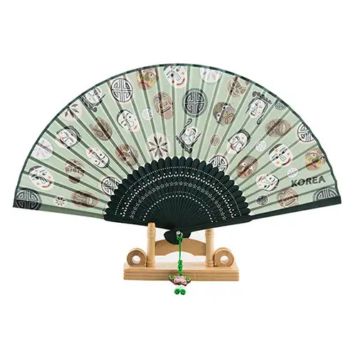 高级丝绸河回面具传统扇 B (青绿色) 含穗饰+扇套 — 2