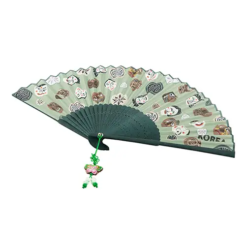 高级丝绸河回面具传统扇 B (青绿色) 含穗饰+扇套 — 4