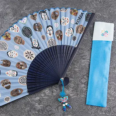 Premium Silk Hahoe Mask Traditional Fan Type B (Blue) with Knot + Fan Case Included