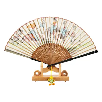 Folk Inlay Traditional Fan (Spring Outing) with Knot and Fan Case Included