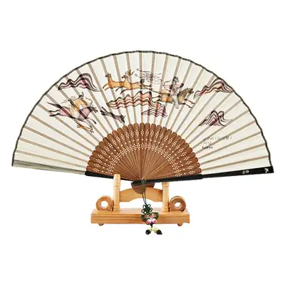 Traditional Mother-of-Pearl Folding Fan (Goguryeo Hunt) with Knot and Fan Case