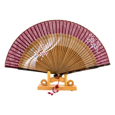 Premium Silk Flower Traditional Korean Fan (Beige) with Knot Decoration and Fan Case