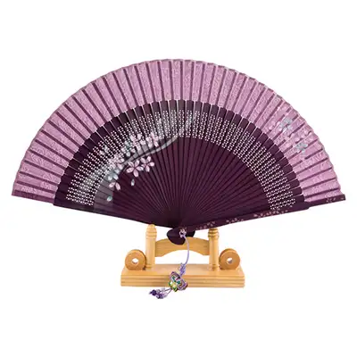 Premium Silk Flower Traditional Fan (Purple) with Tassel and Fan Case