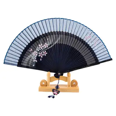 Premium Silk Flower Traditional Fan (Blue) with Knot Decoration and Fan Case
