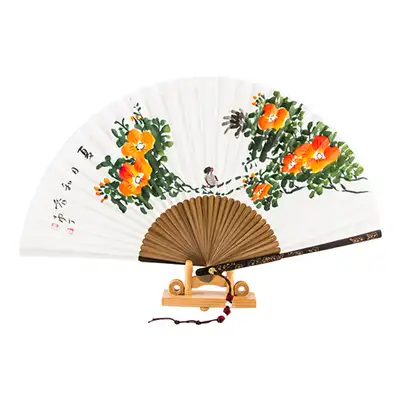 Handwritten Mottled Bamboo Traditional Fan with Trumpet Vine Pattern (Nam Jung Park Sang-ok)