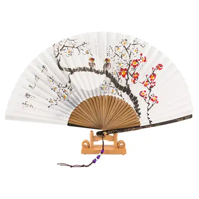 Hand-Painted Black Bamboo Plum Blossom Traditional Fan (by Namjeong Park Sang-ok)