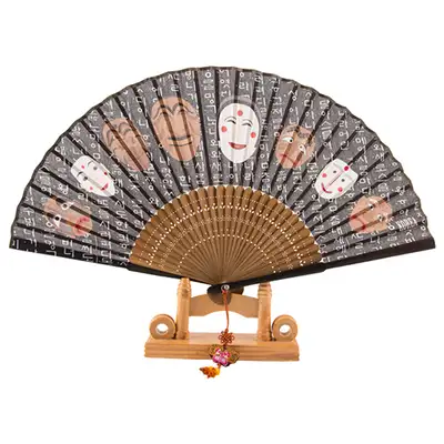 Premium Silk Hahoe Mask Traditional Fan (Black) with Knot Ornament + Fan Case
