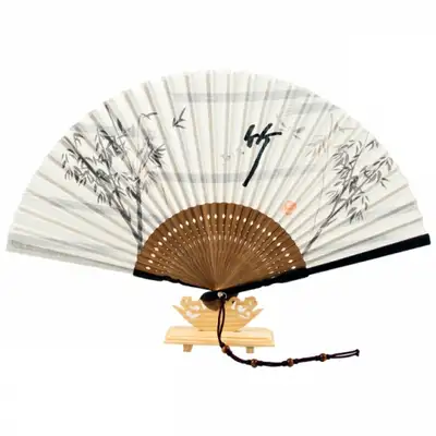 Premium Ramie Bamboo Fan with Knot Ornament + Fan Case Included