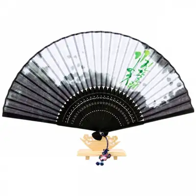 高级丝绸折扇-杜鹃花(黑色) 含流苏+扇套