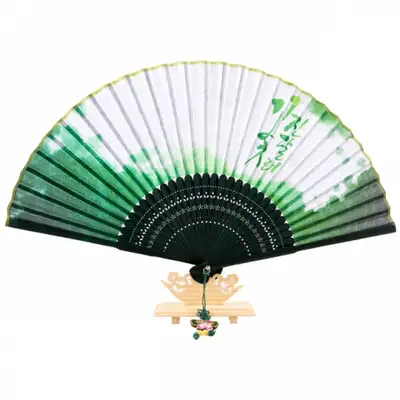 Premium Silk Fan - Azalea Flower (Green) with Tassel and Fan Case
