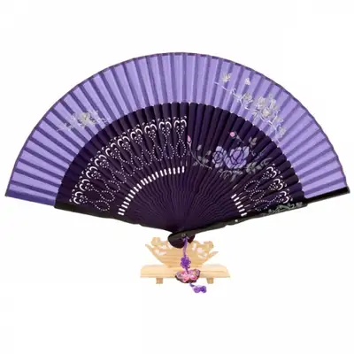 Premium Silk Mother-of-Pearl Cubic Decoration Fan - Rose (Purple) with Traditional Knot and Fan Case