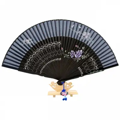 Premium Silk Mother-of-Pearl Cubic Decorated Fan - Rose (Black) with Tassel and Fan Case