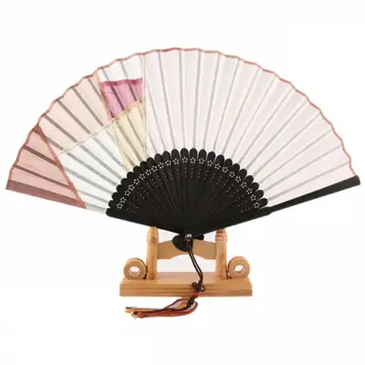 Premium Silk Folding Fan - Jogakbo Style (Beige) with Traditional Knot and Fan Case
