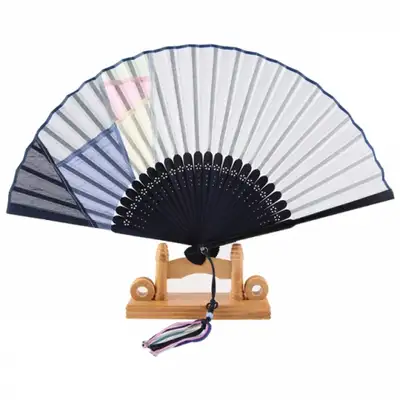 Premium Silk Fan - Jogakbo Style (Blue) with Knot Decoration + Fan Case