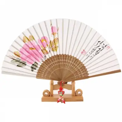 Premium Ramie Hand Fan - Handwritten Calligraphy (Peony Flower) with Knot Tassel & Fan Pouch