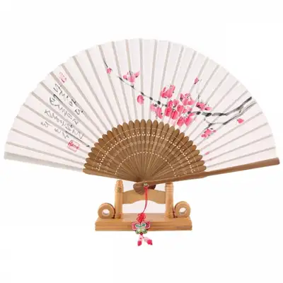 Premium Ramie Fan - Fine Calligraphy Hand-drawn Design (Plum Blossom) with Tassel and Fan Case