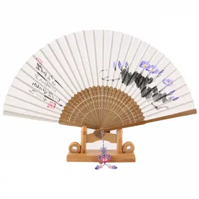 Premium Ramie Fan - Good Words Hand-Drawn Design (Morning Glory) with Traditional Knot & Fan Case