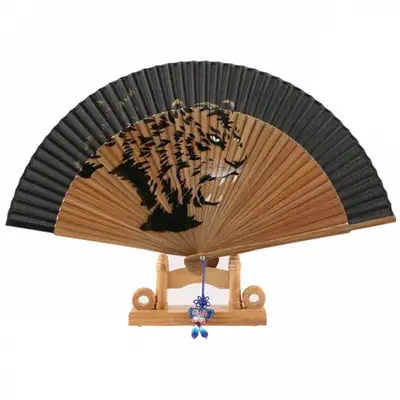 Premium Silk Fan - Tiger (Beige) with Traditional Knot and Fan Case