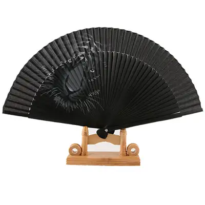 Premium Silk Fan - Black Tiger Design with Traditional Knot + Fan Case