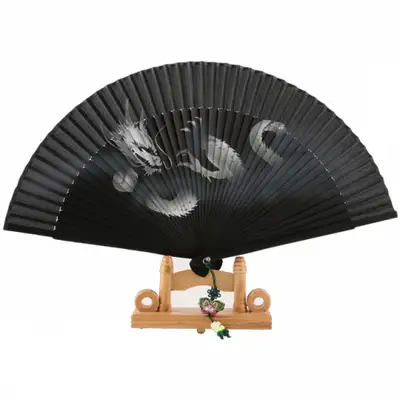 Premium Silk Fan - Dragon (Black) with Traditional Knot and Fan Case