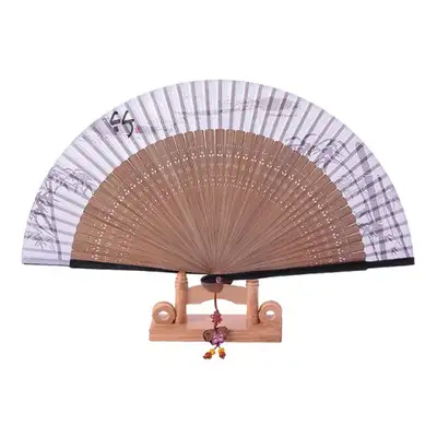 Premium Silk Bamboo Fan - Beige with Traditional Knot & Fan Case Included