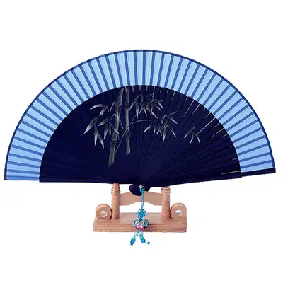 Premium Silk Fan - Bamboo (Blue) with Traditional Knot and Fan Case