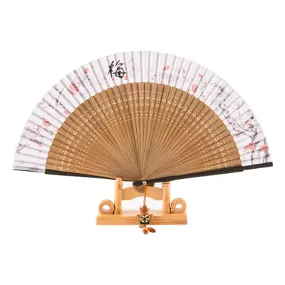 Premium Silk Fan - Plum Blossom (Beige) with Tassel and Fan Case