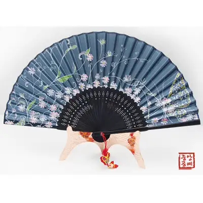Silk Folding Fan - Cosmos Butterfly Wing (Navy) with Traditional Knot and Fan Case