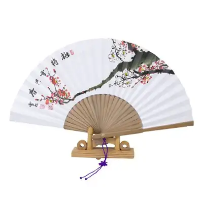 Hanji Black Bamboo Traditional Fan - Plum Blossom Medium Size