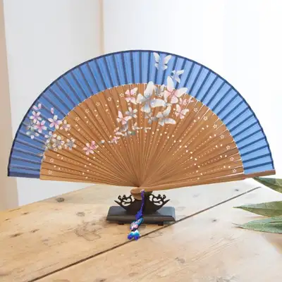 Premium Silk Flower Breeze Traditional Fan (Sky Blue) with Tassel and Fan Pouch